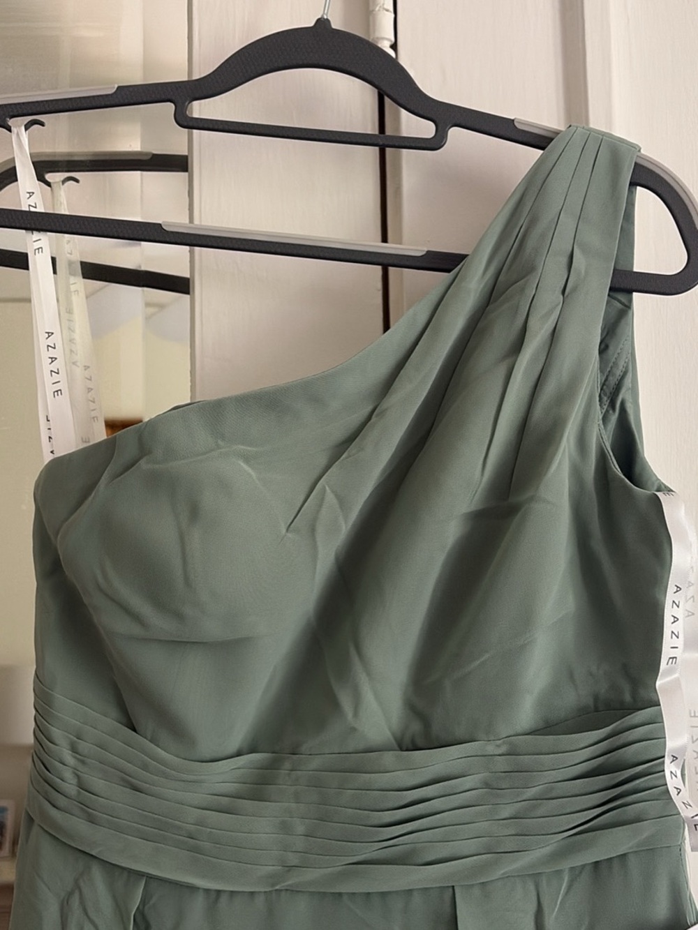 Azazie One-Shoulder Matcha Green Bridesmaid Dress